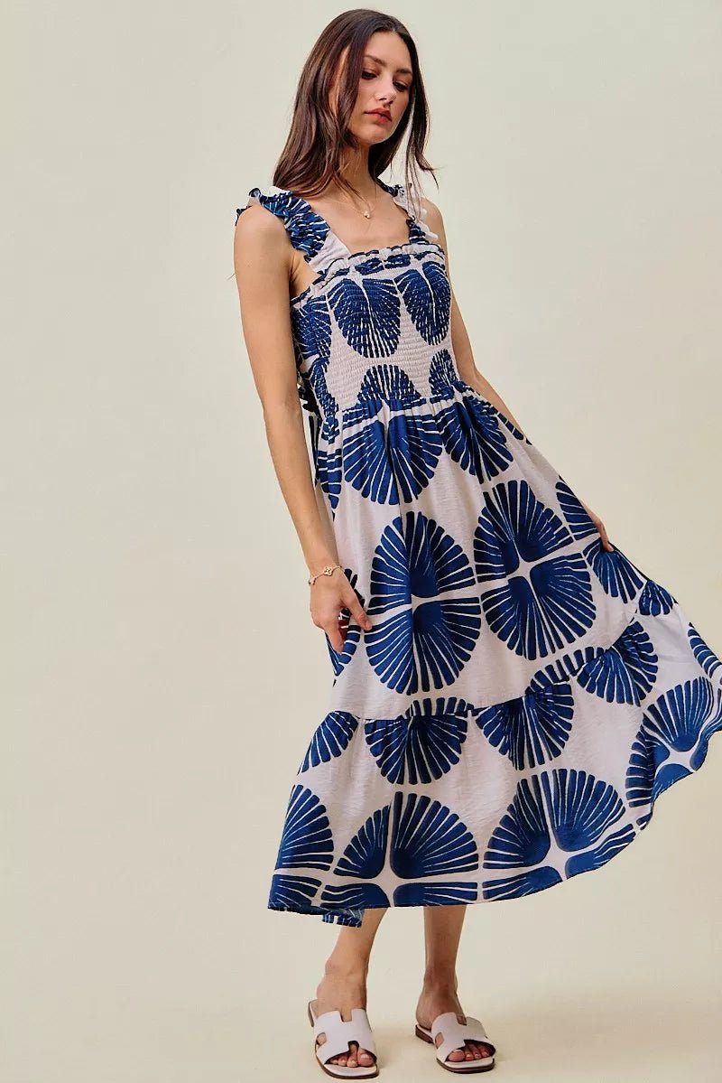 SO ME Abstract Print Smocked Bodice Tiered Lined Midi Dress - Bitsy Gypsy Boutique