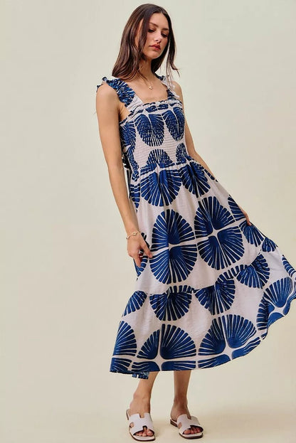 SO ME Abstract Print Smocked Bodice Tiered Lined Midi Dress - Bitsy Gypsy Boutique