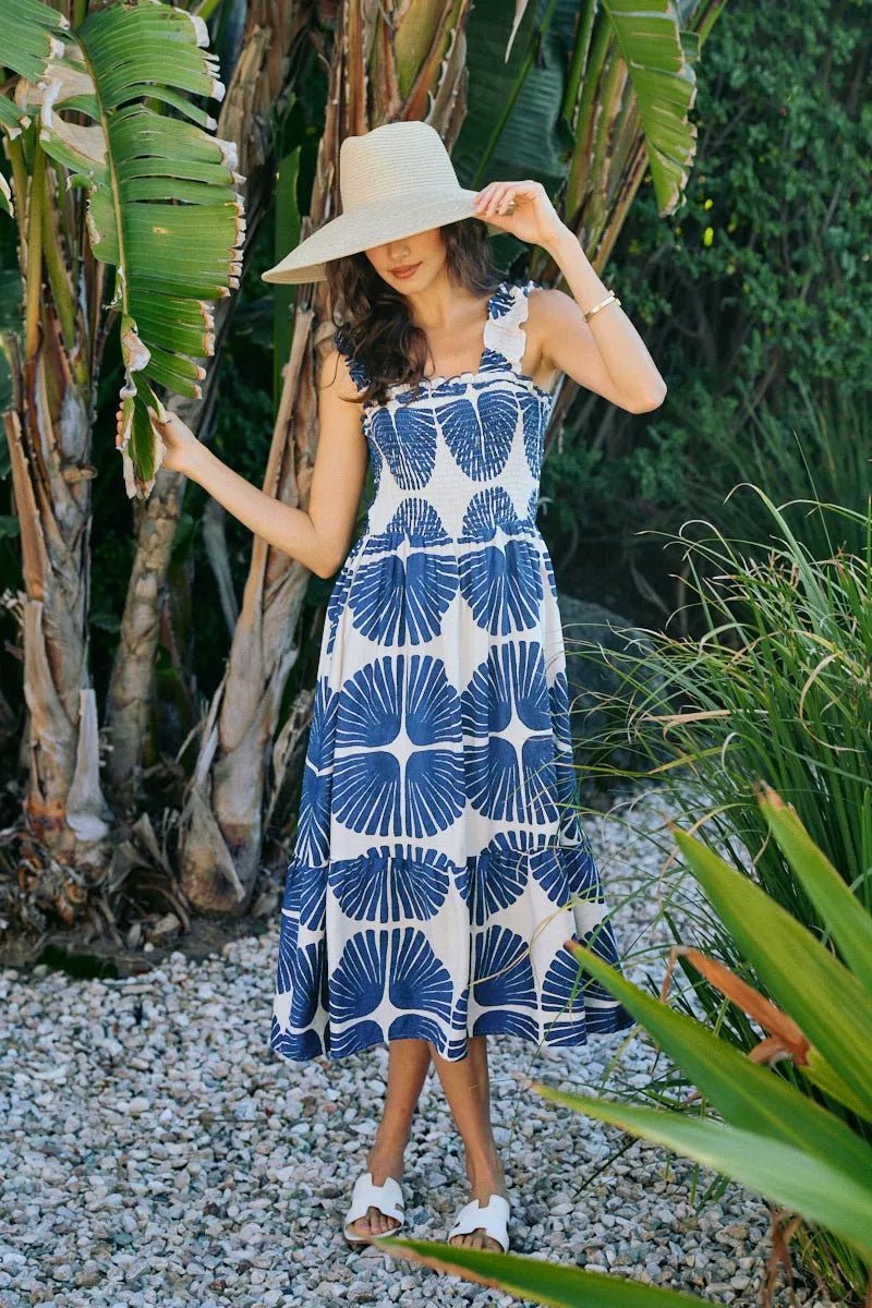 SO ME Abstract Print Smocked Bodice Tiered Lined Midi Dress - Bitsy Gypsy Boutique