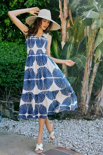 SO ME Abstract Print Smocked Bodice Tiered Lined Midi Dress - Bitsy Gypsy Boutique