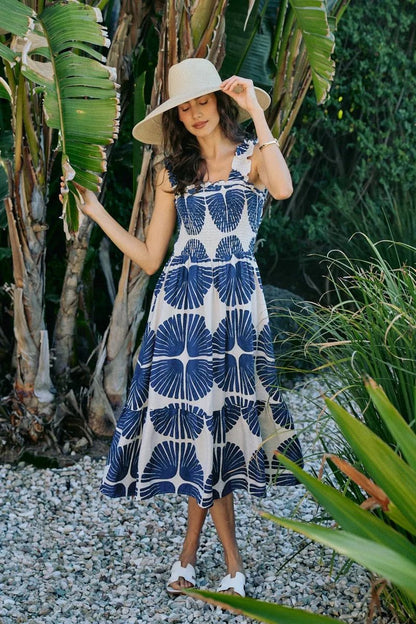 SO ME Abstract Print Smocked Bodice Tiered Lined Midi Dress - Bitsy Gypsy Boutique