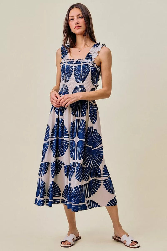SO ME Abstract Print Smocked Bodice Tiered Lined Midi Dress - Bitsy Gypsy Boutique
