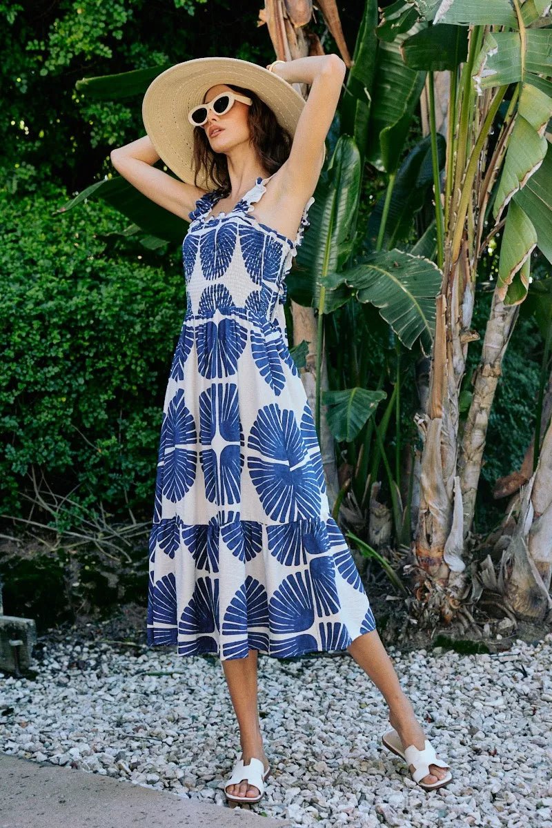 SO ME Abstract Print Smocked Bodice Tiered Lined Midi Dress - Bitsy Gypsy Boutique