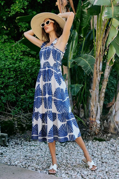 SO ME Abstract Print Smocked Bodice Tiered Lined Midi Dress - Bitsy Gypsy Boutique