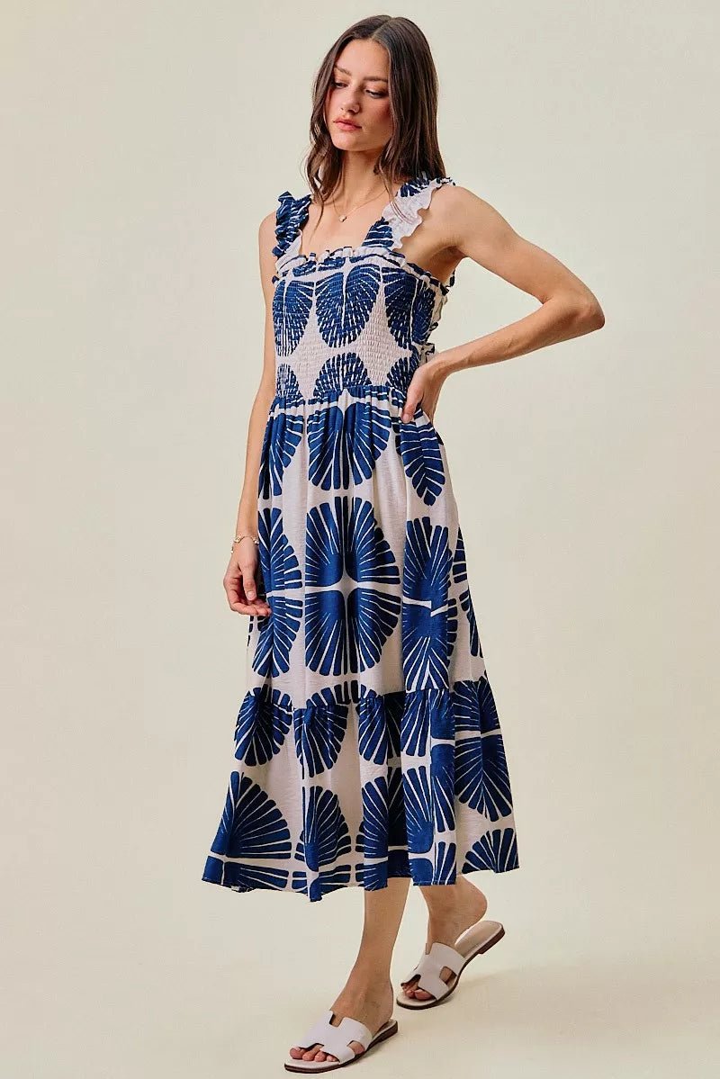 SO ME Abstract Print Smocked Bodice Tiered Lined Midi Dress - Bitsy Gypsy Boutique
