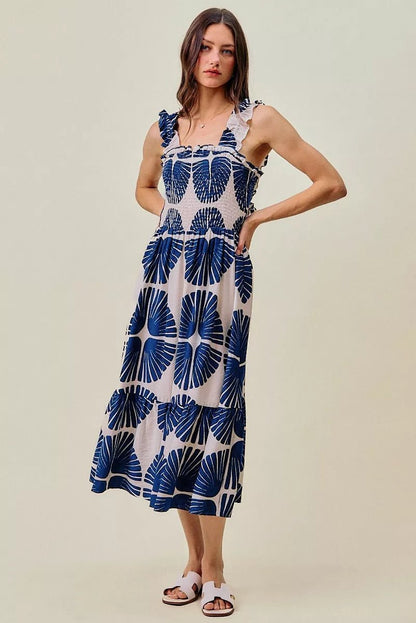 SO ME Abstract Print Smocked Bodice Tiered Lined Midi Dress - Bitsy Gypsy Boutique