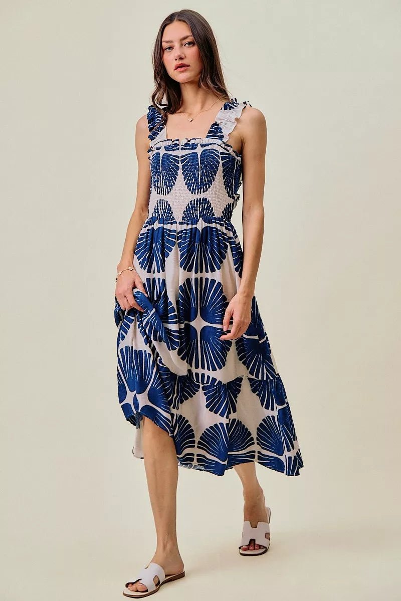 SO ME Abstract Print Smocked Bodice Tiered Lined Midi Dress - Bitsy Gypsy Boutique