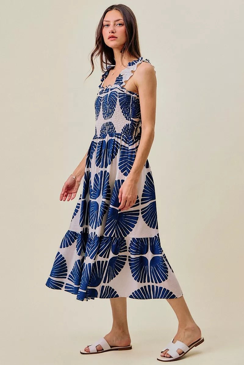 SO ME Abstract Print Smocked Bodice Tiered Lined Midi Dress - Bitsy Gypsy Boutique