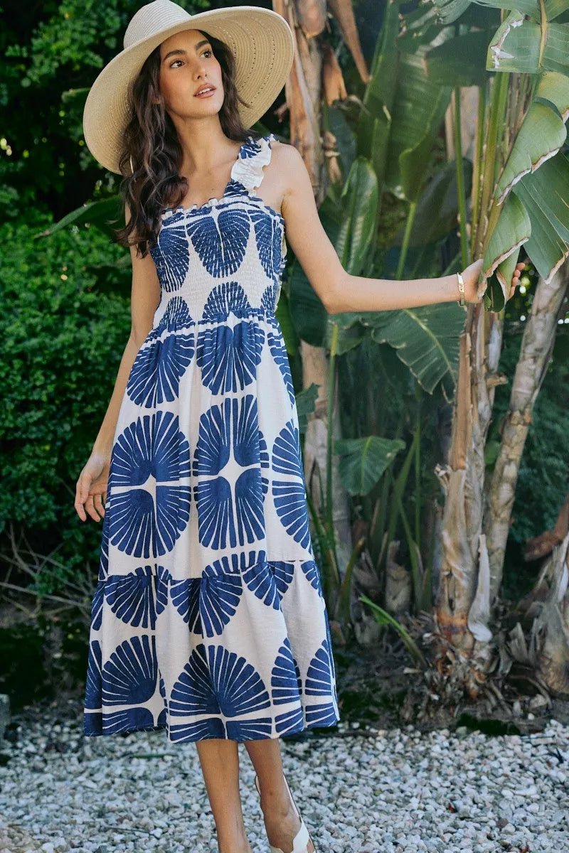 SO ME Abstract Print Smocked Bodice Tiered Lined Midi Dress - Bitsy Gypsy Boutique