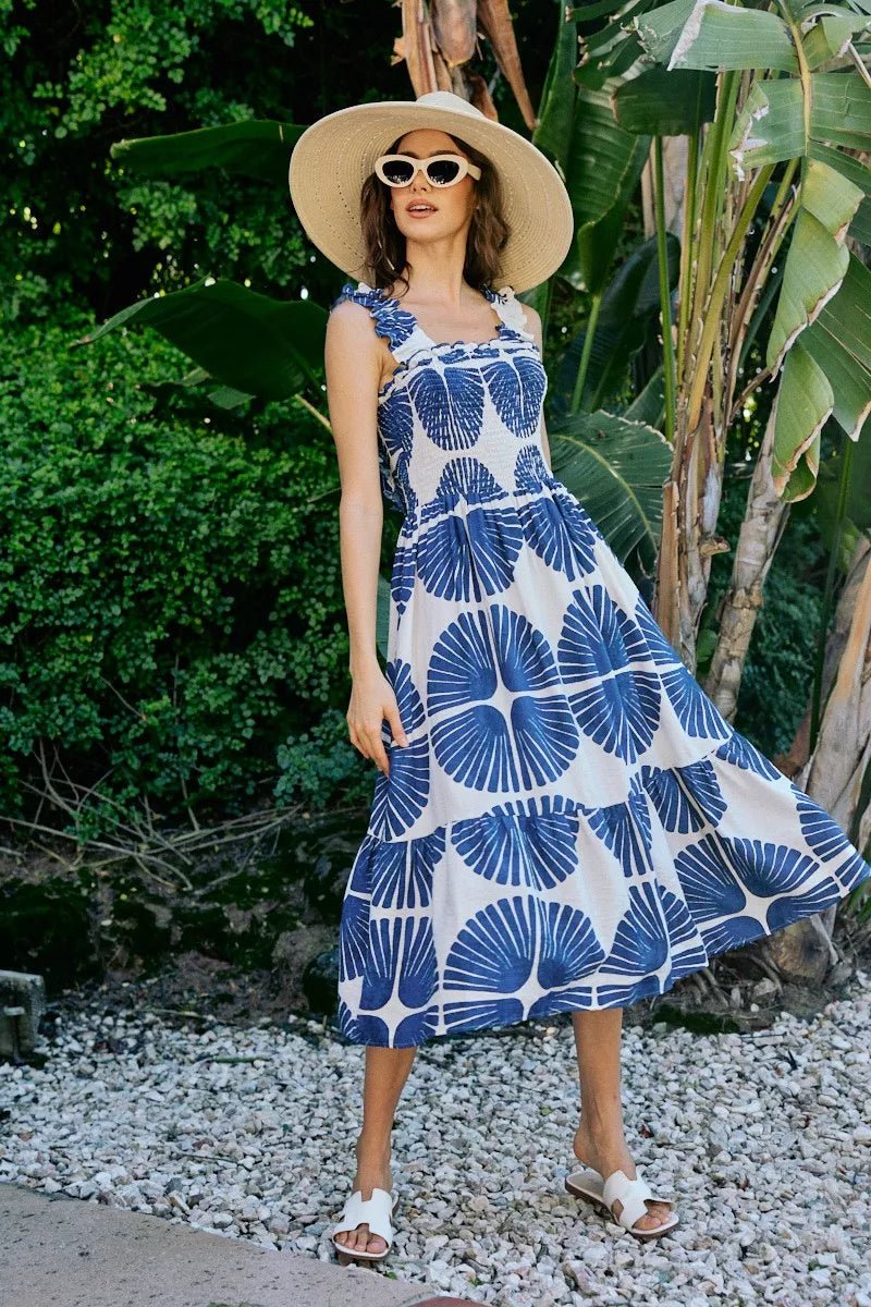 SO ME Abstract Print Smocked Bodice Tiered Lined Midi Dress - Bitsy Gypsy Boutique
