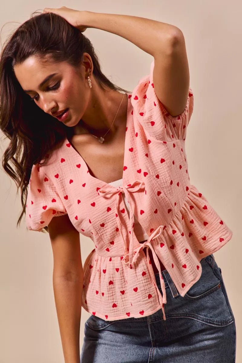 SO ME All Over Heart Ribbon Tie Baby Doll Valentine Blouse - Bitsy Gypsy Boutique