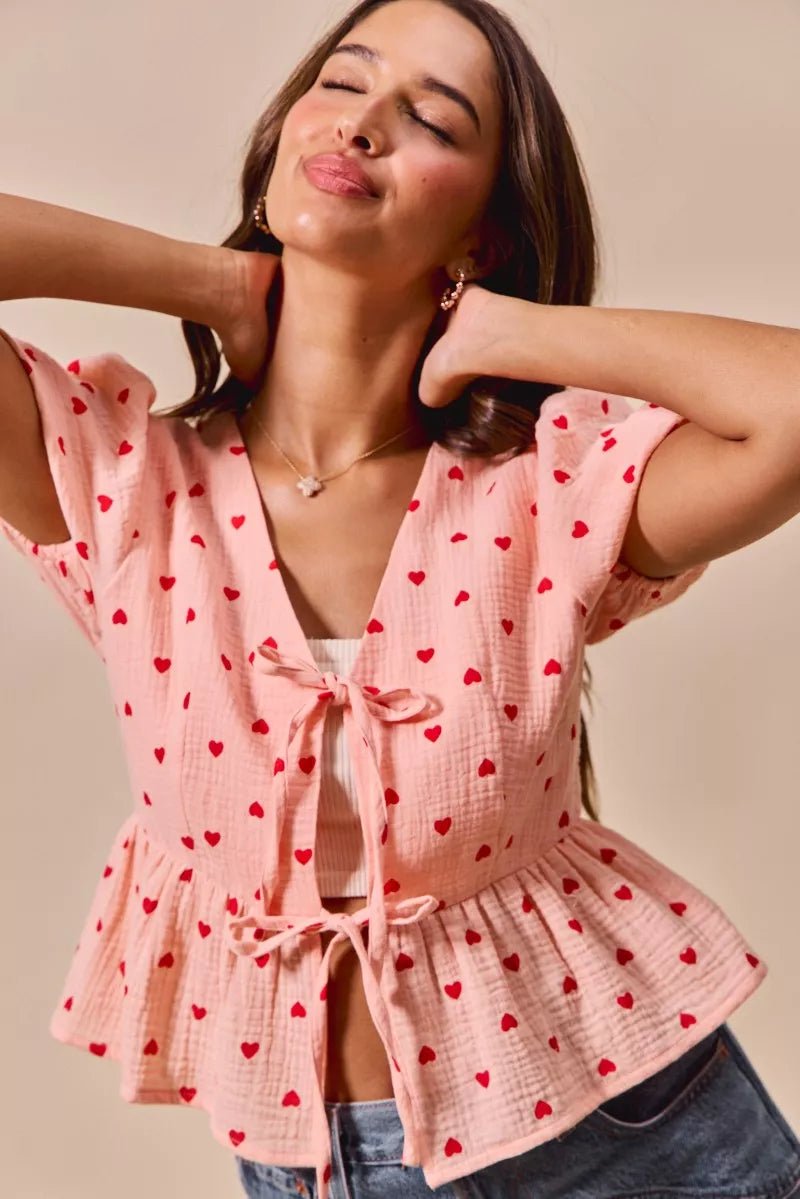 SO ME All Over Heart Ribbon Tie Baby Doll Valentine Blouse - Bitsy Gypsy Boutique