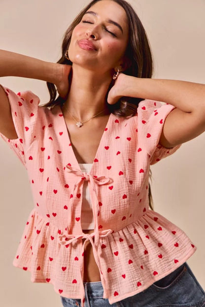 SO ME All Over Heart Ribbon Tie Baby Doll Valentine Blouse - Bitsy Gypsy Boutique