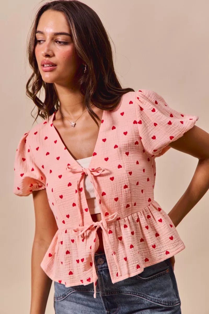SO ME All Over Heart Ribbon Tie Baby Doll Valentine Blouse - Bitsy Gypsy Boutique