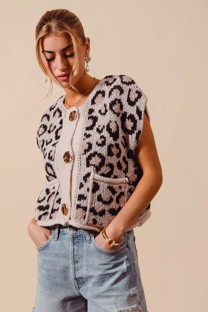 SO ME Big Metal Button Front Leopard Sweater Vest Top - Bitsy Gypsy Boutique