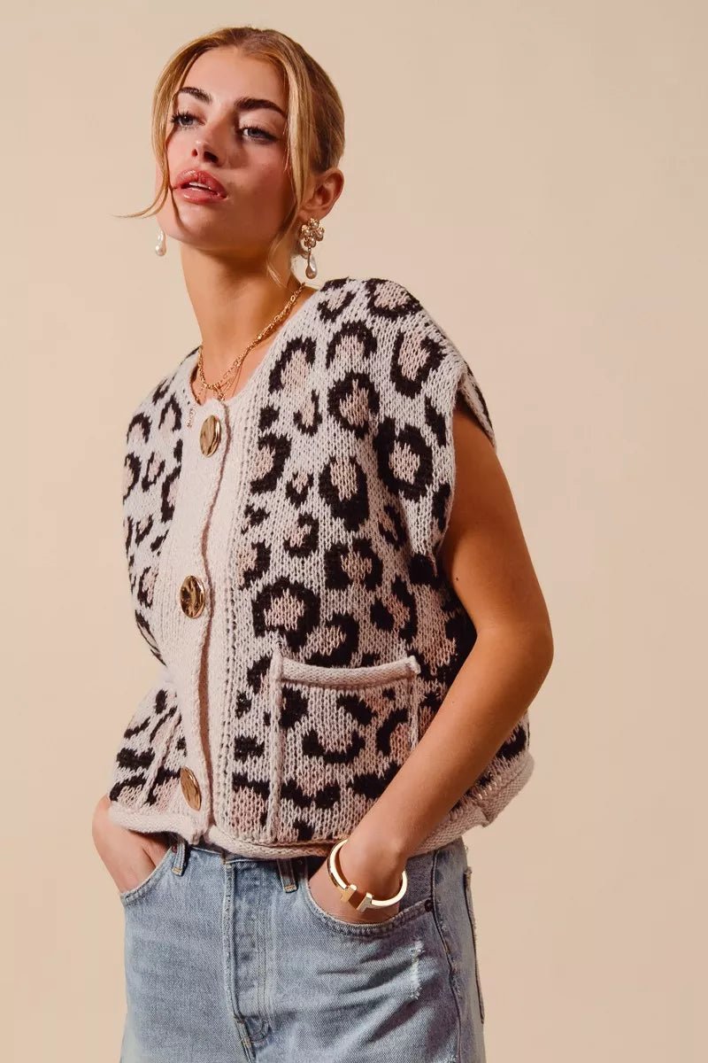SO ME Big Metal Button Front Leopard Sweater Vest Top - Bitsy Gypsy Boutique