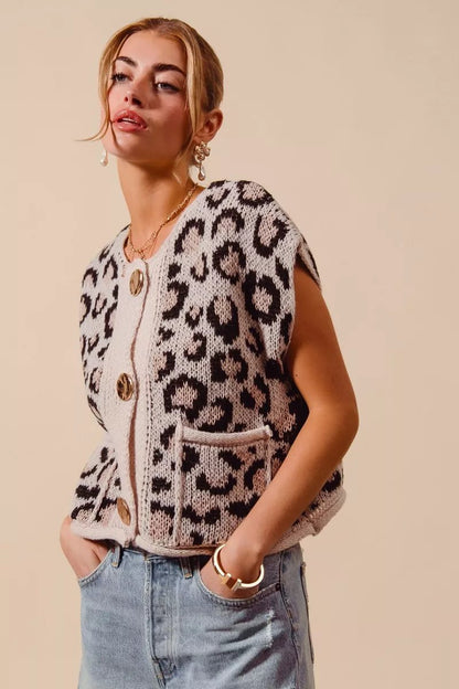 SO ME Big Metal Button Front Leopard Sweater Vest Top - Bitsy Gypsy Boutique