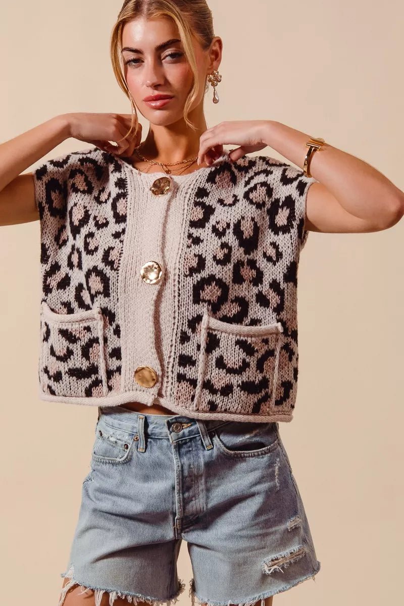 SO ME Big Metal Button Front Leopard Sweater Vest Top - Bitsy Gypsy Boutique