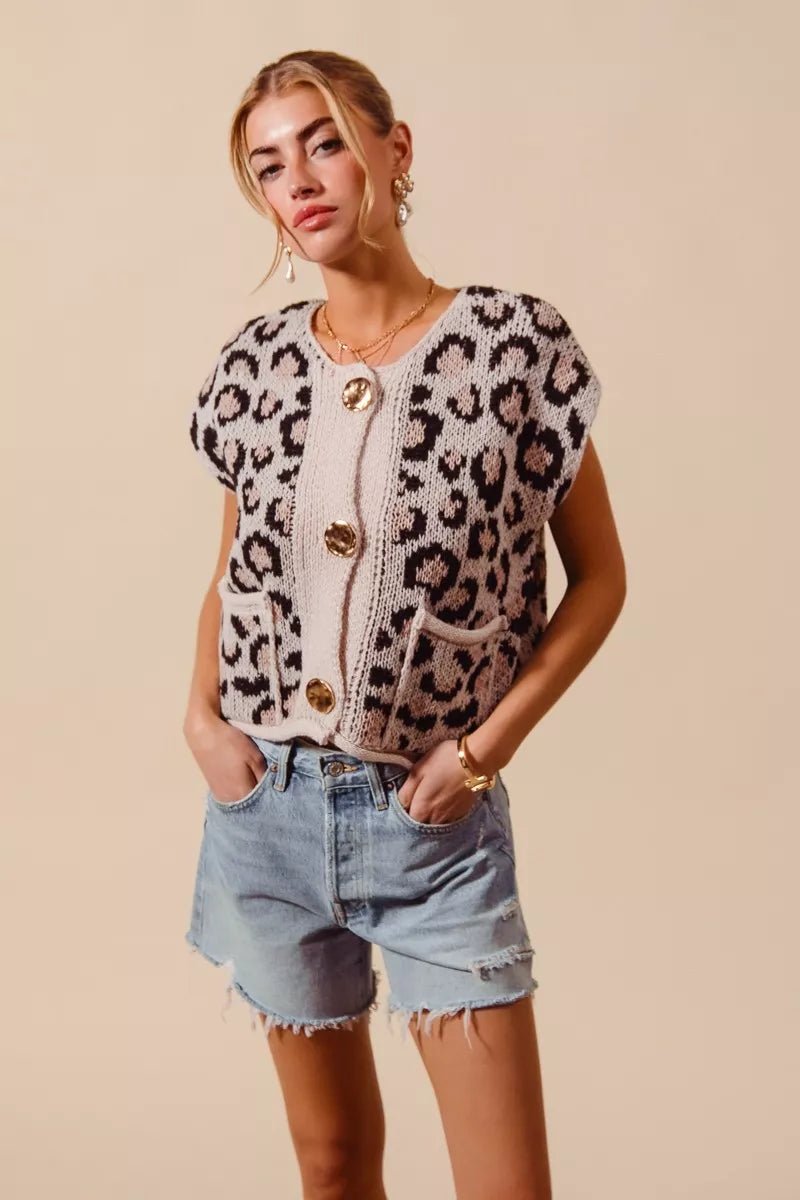 SO ME Big Metal Button Front Leopard Sweater Vest Top - Bitsy Gypsy Boutique