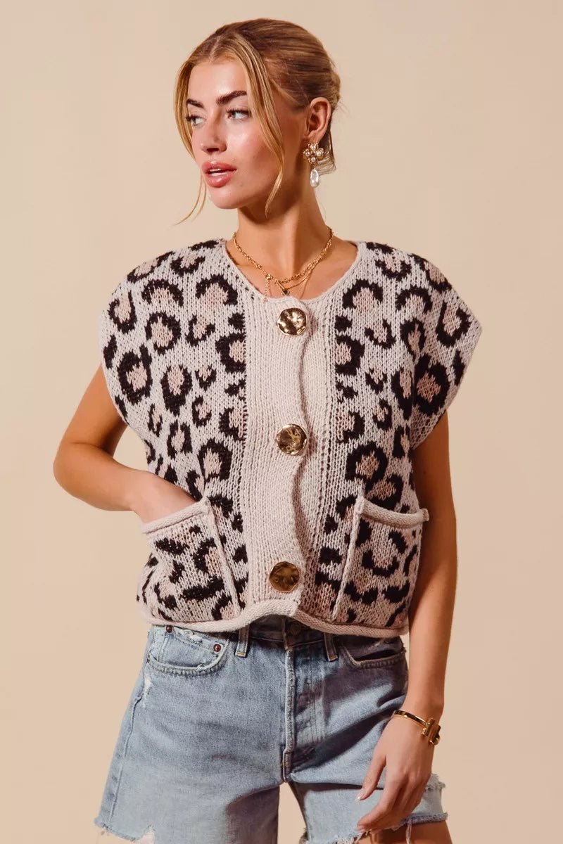 SO ME Big Metal Button Front Leopard Sweater Vest Top - Bitsy Gypsy Boutique