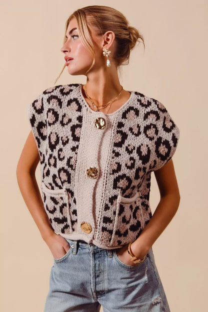 SO ME Big Metal Button Front Leopard Sweater Vest Top - Bitsy Gypsy Boutique