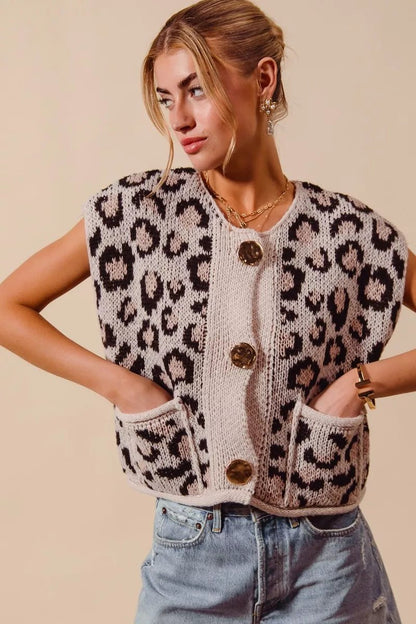 SO ME Big Metal Button Front Leopard Sweater Vest Top - Bitsy Gypsy Boutique
