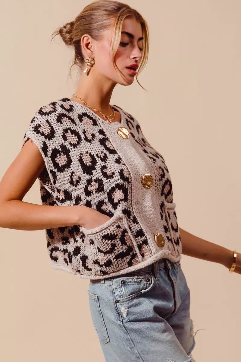 SO ME Big Metal Button Front Leopard Sweater Vest Top - Bitsy Gypsy Boutique