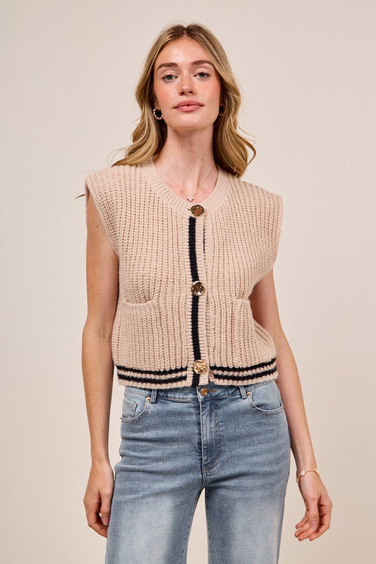 SO ME Big Metal Button Front Stripe Edge Knitted Sweater Vest - Bitsy Gypsy Boutique
