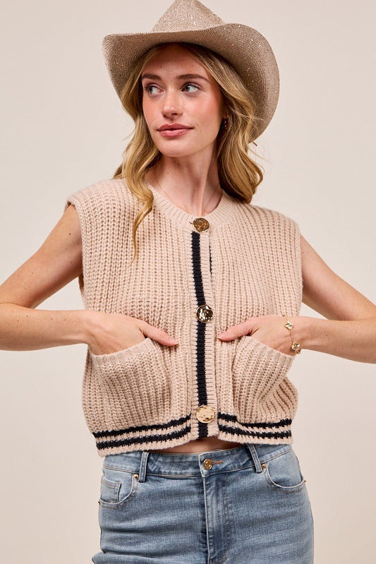 SO ME Big Metal Button Front Stripe Edge Knitted Sweater Vest - Bitsy Gypsy Boutique