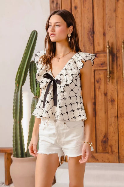 SO ME Bow Texture Jacquard Woven Top with Scallop and Tie - Bitsy Gypsy Boutique