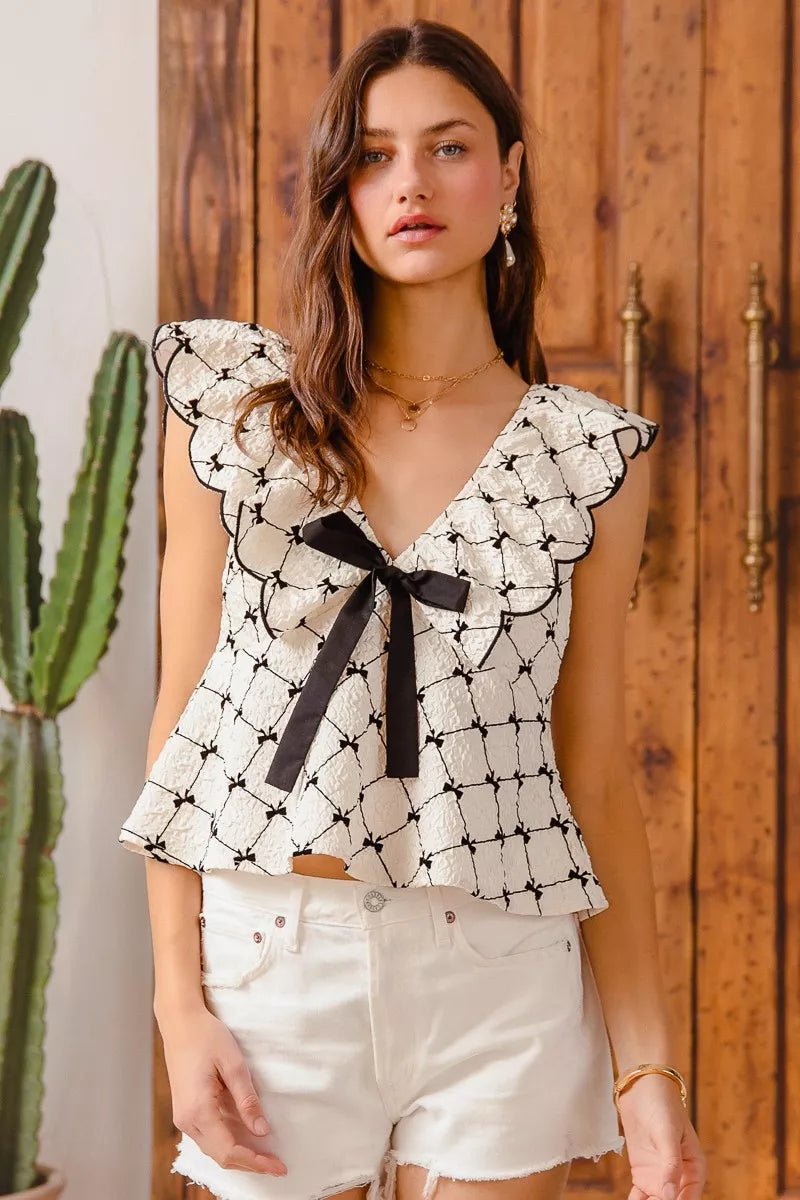 SO ME Bow Texture Jacquard Woven Top with Scallop and Tie - Bitsy Gypsy Boutique