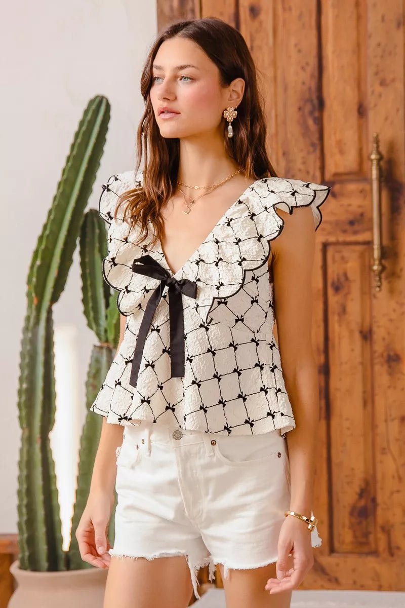 SO ME Bow Texture Jacquard Woven Top with Scallop and Tie - Bitsy Gypsy Boutique