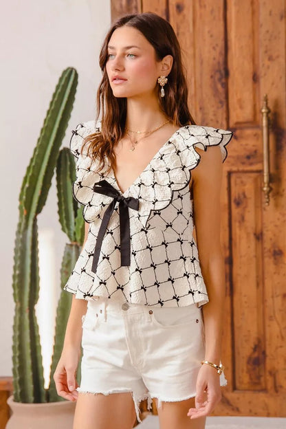 SO ME Bow Texture Jacquard Woven Top with Scallop and Tie - Bitsy Gypsy Boutique