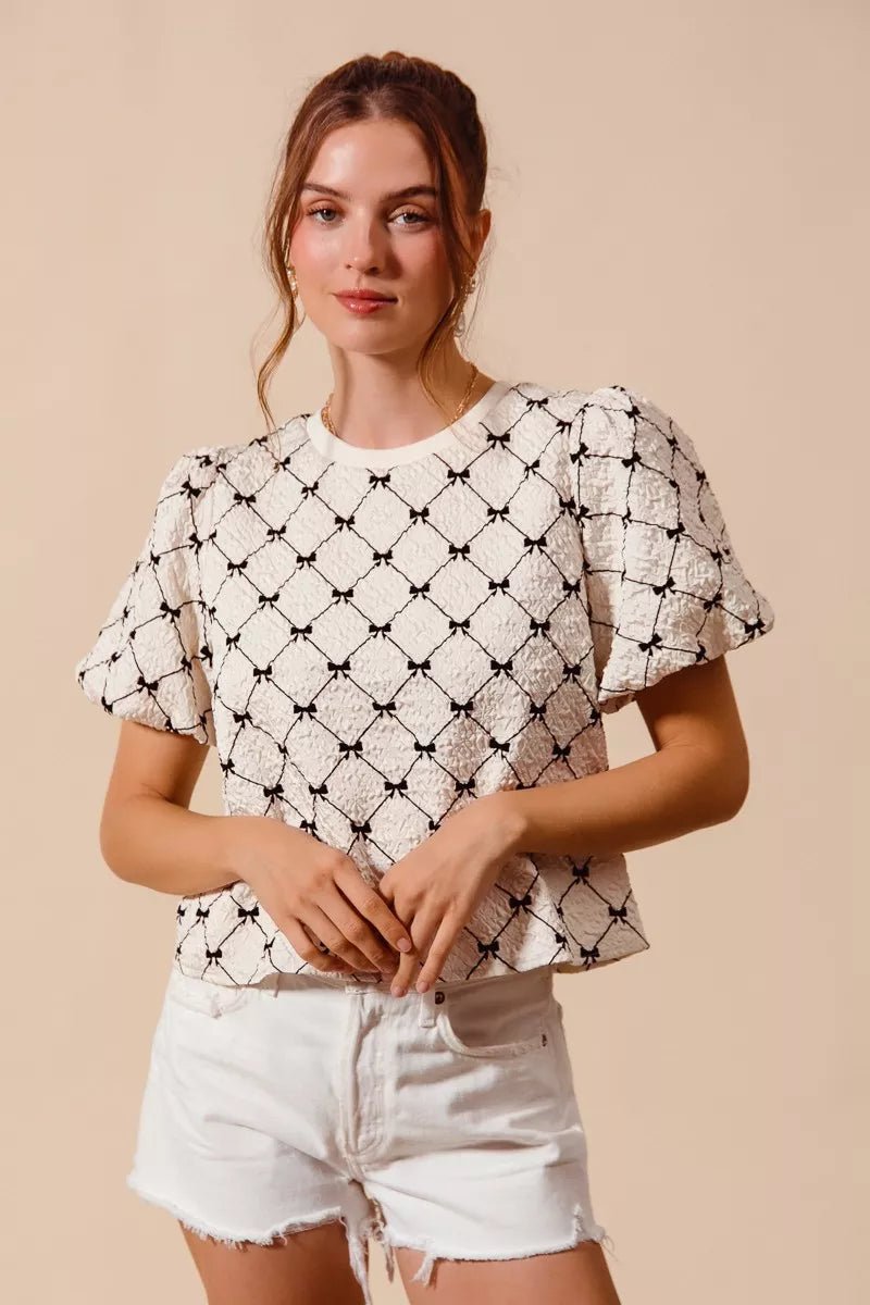 SO ME Bow Texture Woven Bubble Sleeve Top - Bitsy Gypsy Boutique