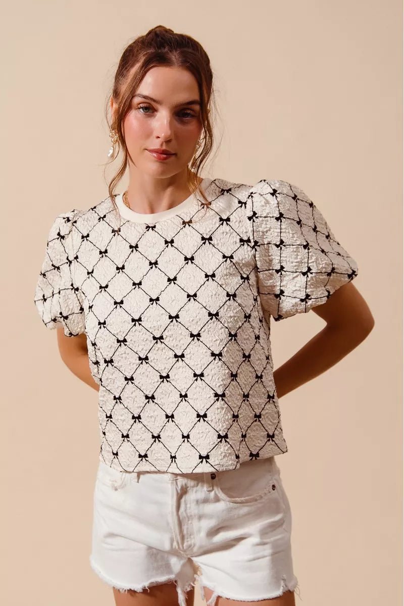 SO ME Bow Texture Woven Bubble Sleeve Top - Bitsy Gypsy Boutique