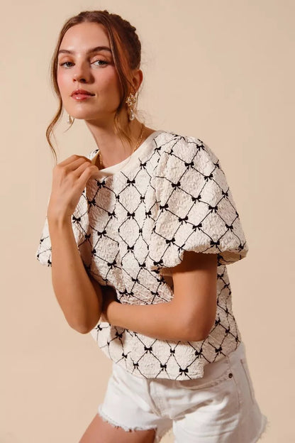 SO ME Bow Texture Woven Bubble Sleeve Top - Bitsy Gypsy Boutique