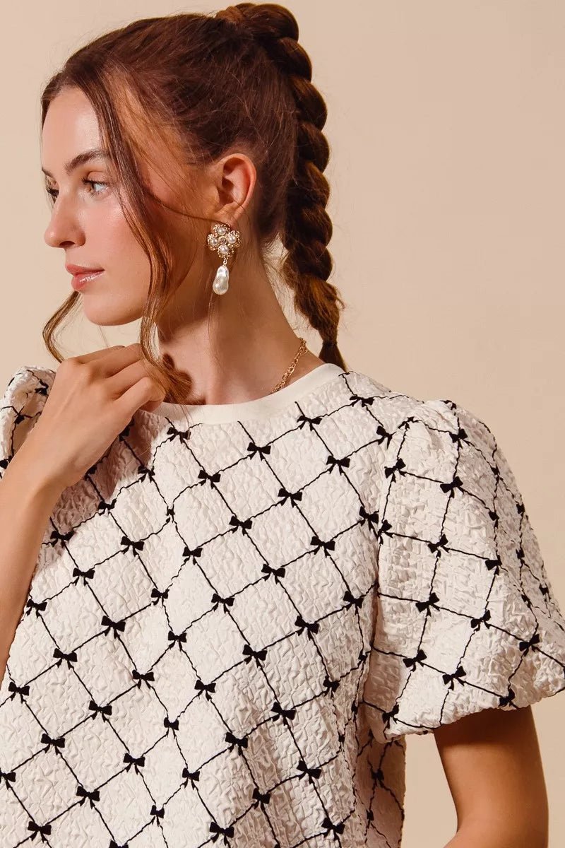 SO ME Bow Texture Woven Bubble Sleeve Top - Bitsy Gypsy Boutique