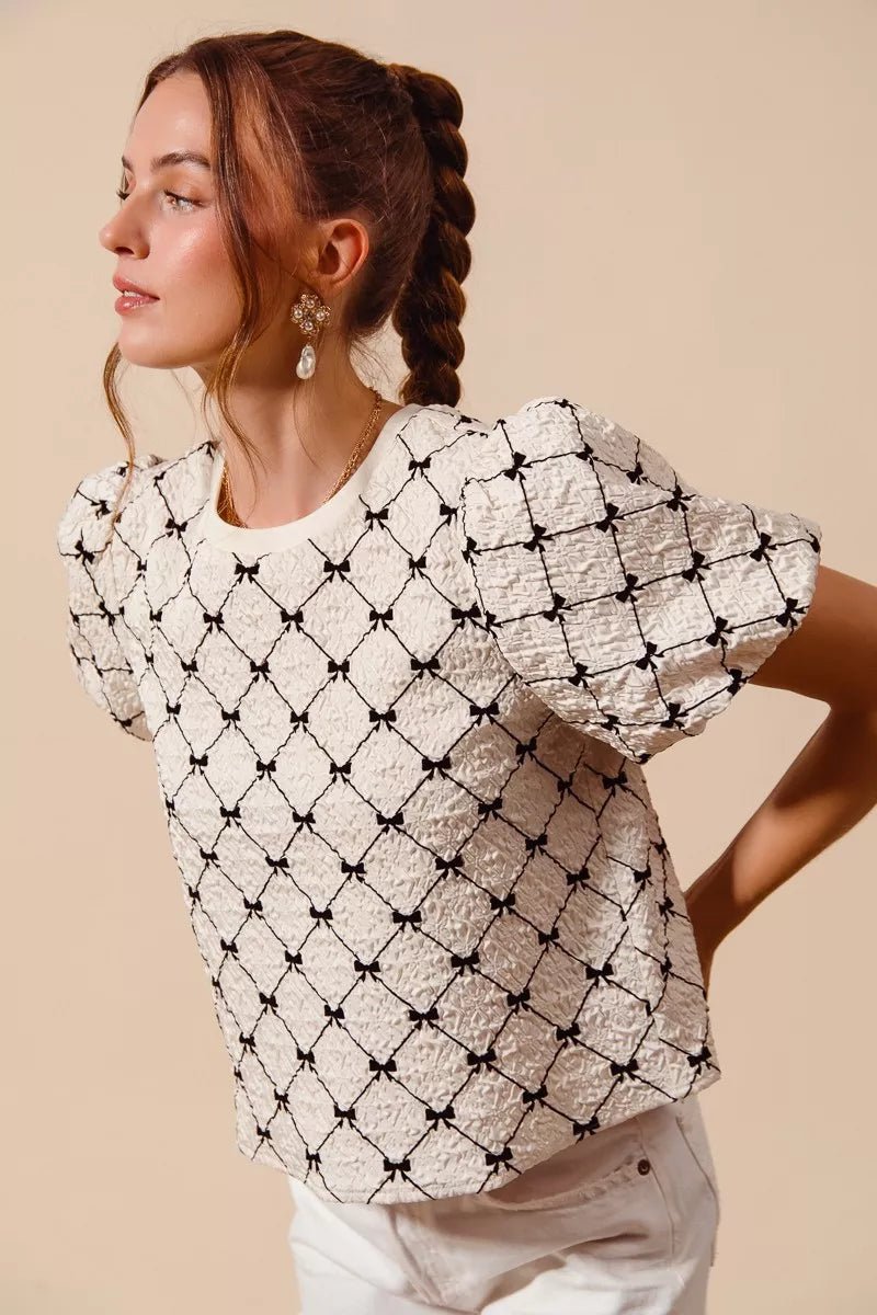 SO ME Bow Texture Woven Bubble Sleeve Top - Bitsy Gypsy Boutique