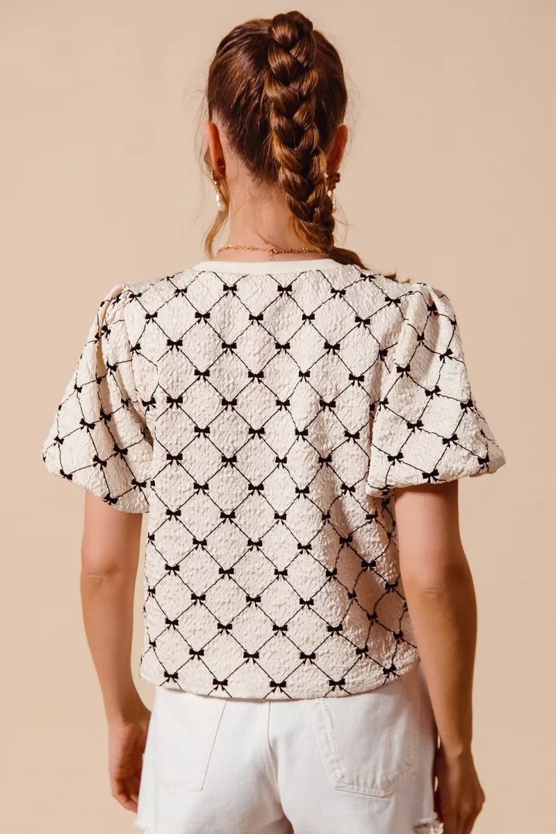 SO ME Bow Texture Woven Bubble Sleeve Top - Bitsy Gypsy Boutique