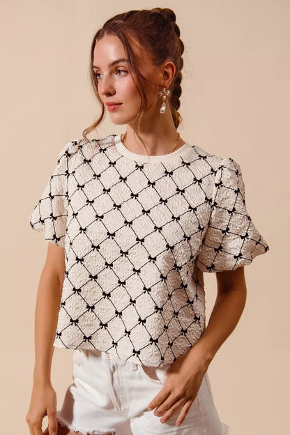 SO ME Bow Texture Woven Bubble Sleeve Top - Bitsy Gypsy Boutique