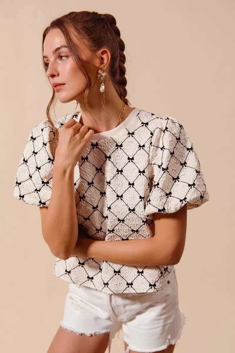 SO ME Bow Texture Woven Bubble Sleeve Top - Bitsy Gypsy Boutique