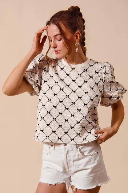 SO ME Bow Texture Woven Bubble Sleeve Top - Bitsy Gypsy Boutique