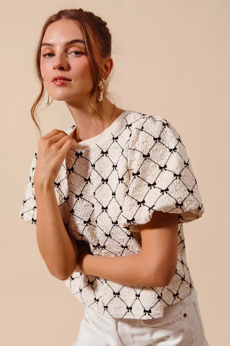 SO ME Bow Texture Woven Bubble Sleeve Top - Bitsy Gypsy Boutique