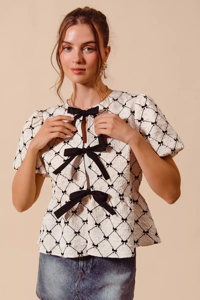 SO ME Bow Texture Woven Peplum Top With Contrast Tie - Bitsy Gypsy Boutique