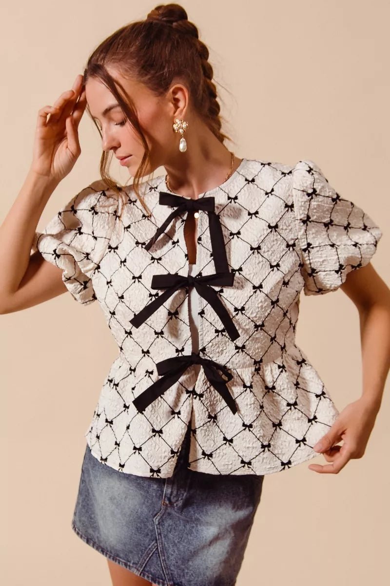 SO ME Bow Texture Woven Peplum Top With Contrast Tie - Bitsy Gypsy Boutique