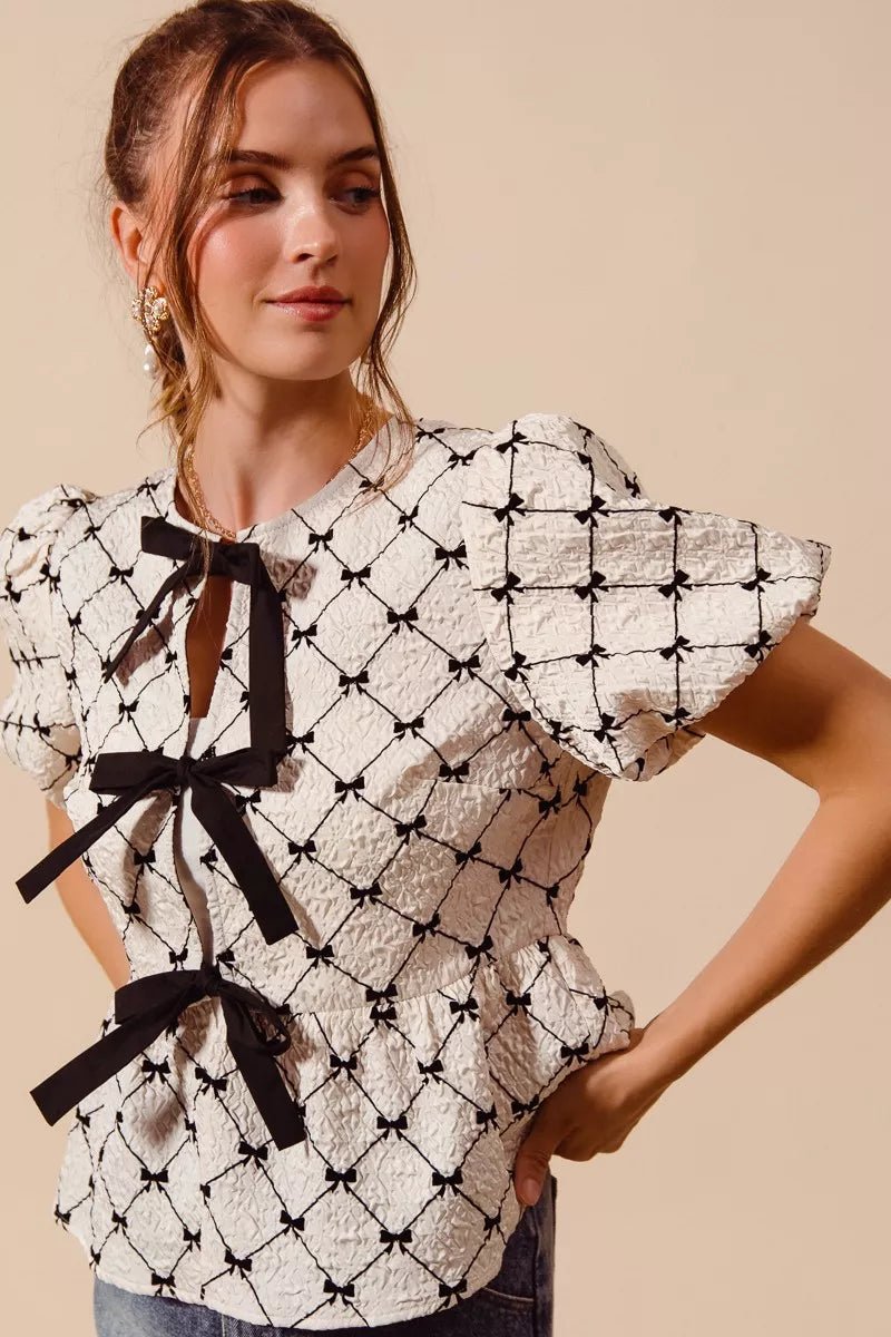 SO ME Bow Texture Woven Peplum Top With Contrast Tie - Bitsy Gypsy Boutique