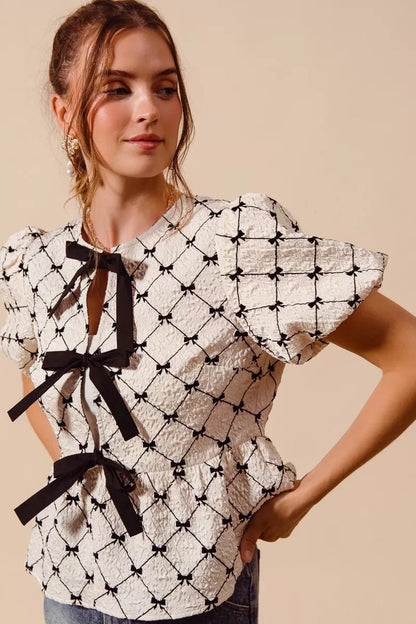SO ME Bow Texture Woven Peplum Top With Contrast Tie - Bitsy Gypsy Boutique