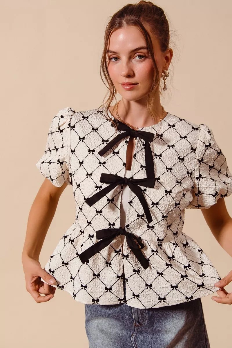 SO ME Bow Texture Woven Peplum Top With Contrast Tie - Bitsy Gypsy Boutique