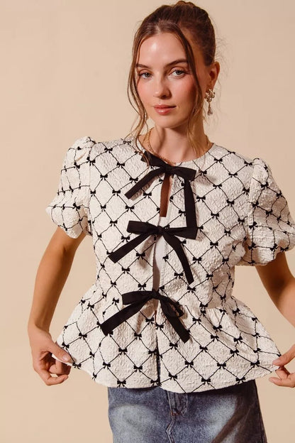 SO ME Bow Texture Woven Peplum Top With Contrast Tie - Bitsy Gypsy Boutique