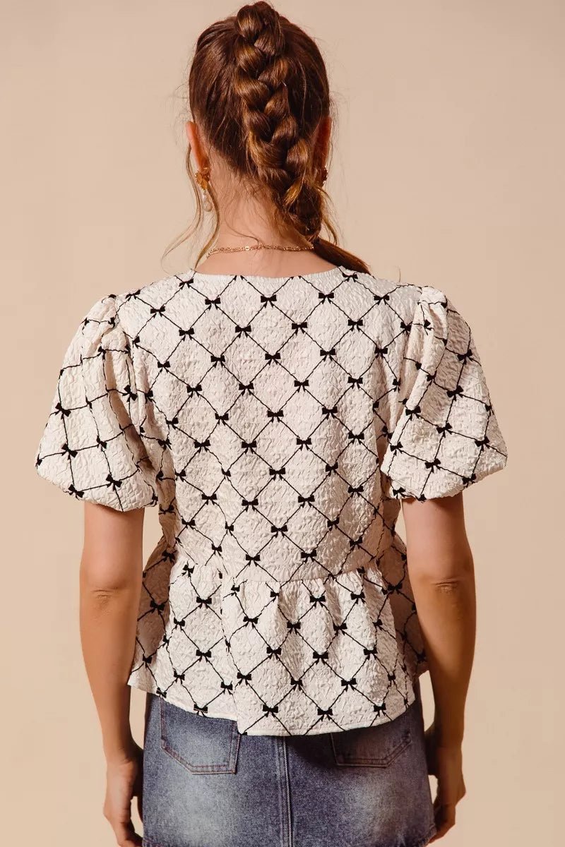 SO ME Bow Texture Woven Peplum Top With Contrast Tie - Bitsy Gypsy Boutique